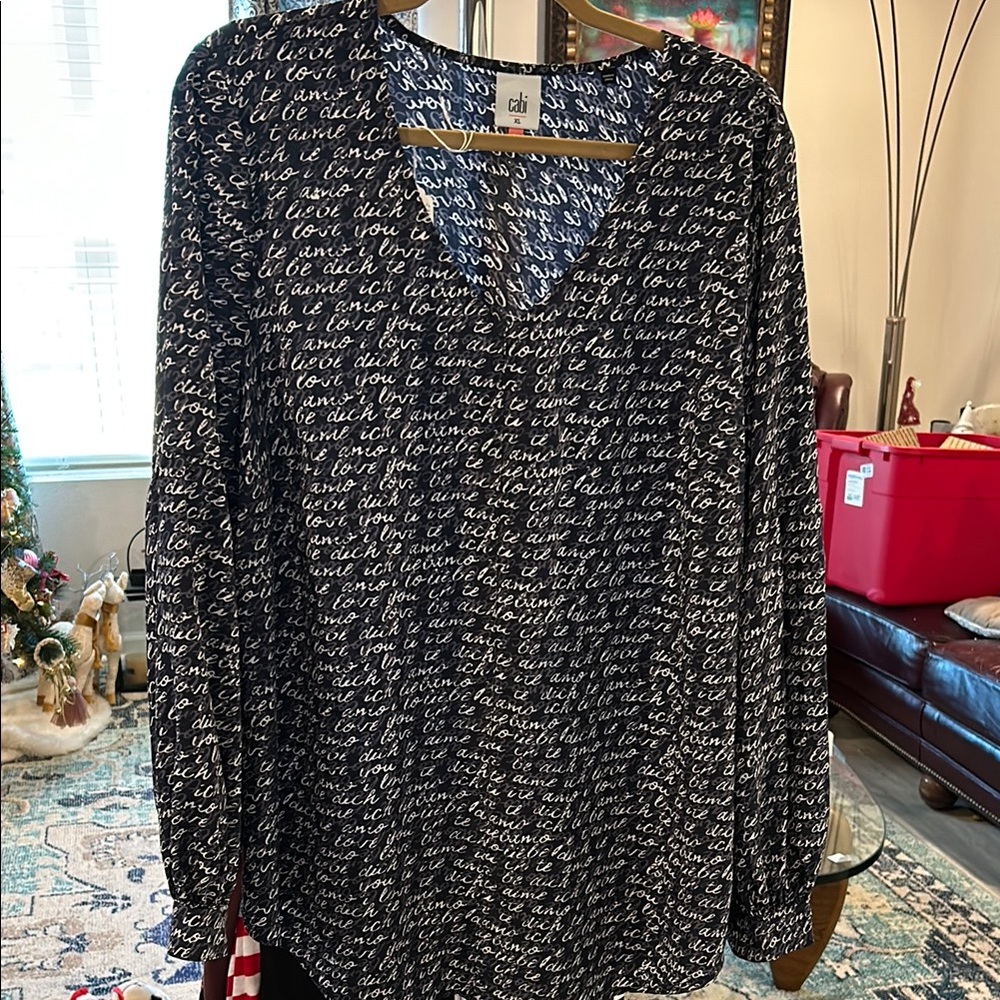 CAbi Black and White V-Neck Long Sleeve Blouse